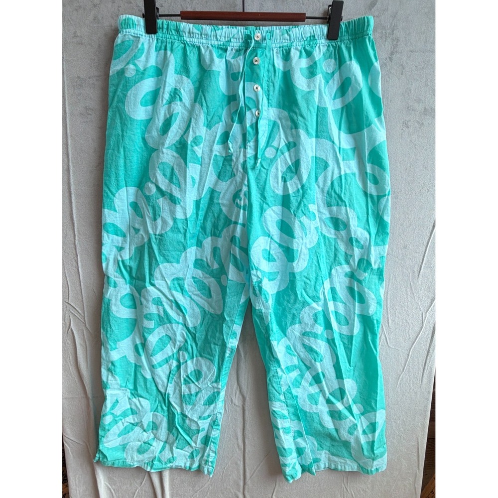 Lilly Pulitzer Pajama Pants Women M 100% Cotton Teal White Abstract Print Crop